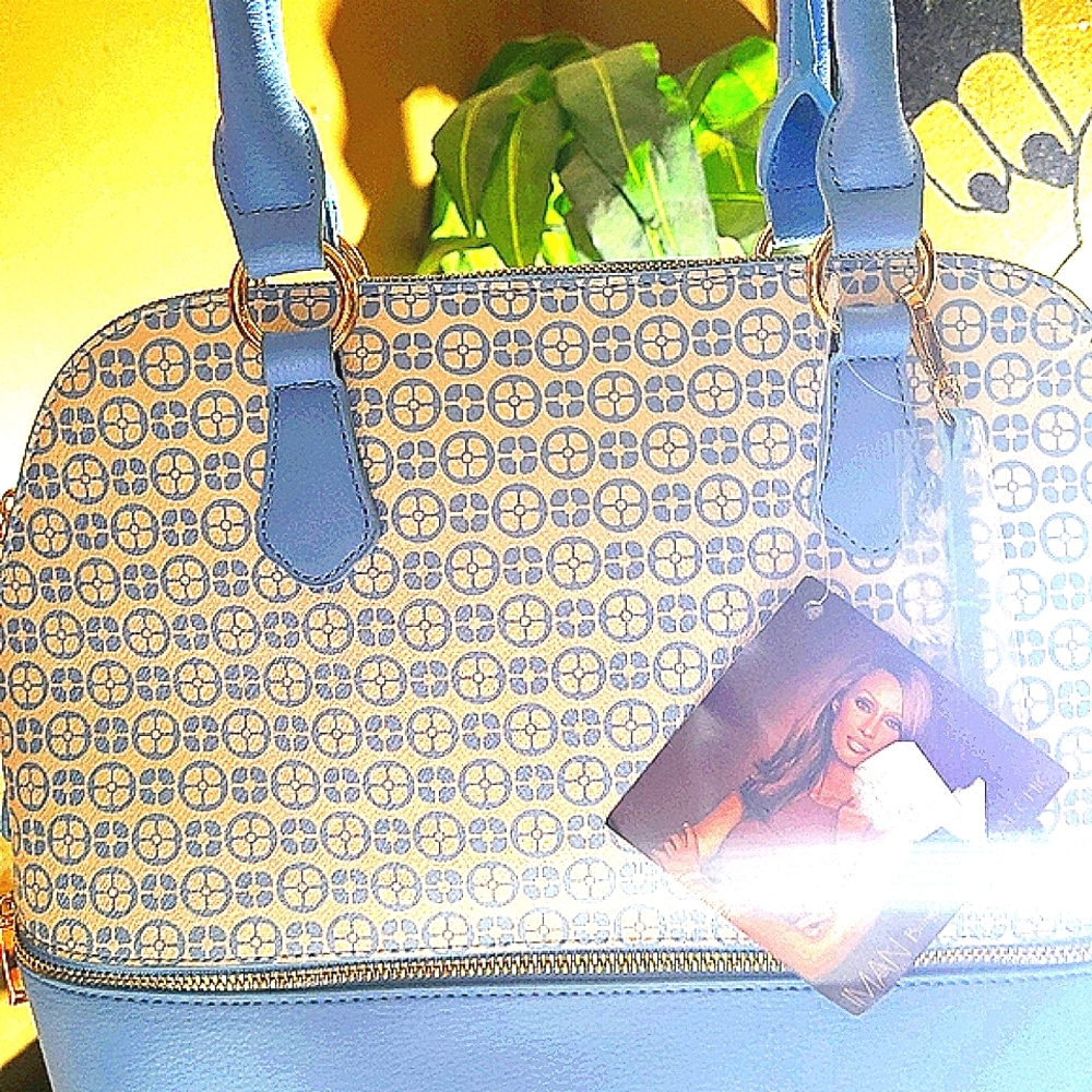 IMAN Global Chic Logo Print Dome Satchel w/ Scarlet Logo, NWT